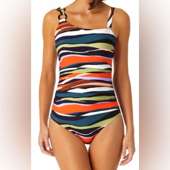 Anne Cole Ring Strap Multicolor Striped One Piece Swimsuit - Sz 12 NWT - Picture 1 of 11